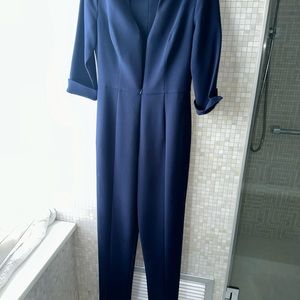 Black Halo Womens Navy Blue V-Neck 3/4  Sleeve Zip Front Jumpsuit SZ 2